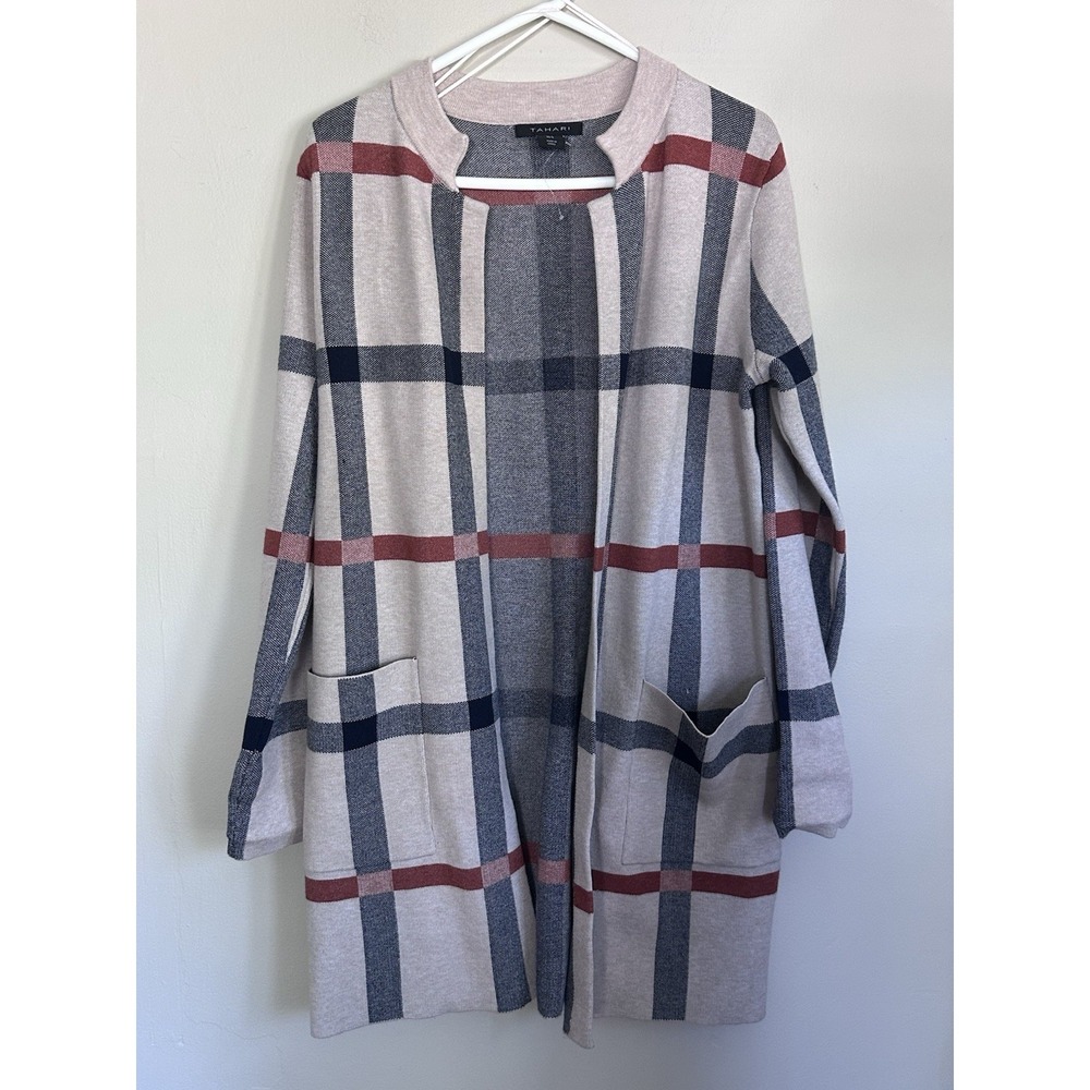 NWOT Tahari‎ Long Cardigan Sweater SMALL/MEDIUM Gray Plaid Long Sleeve Pockets
